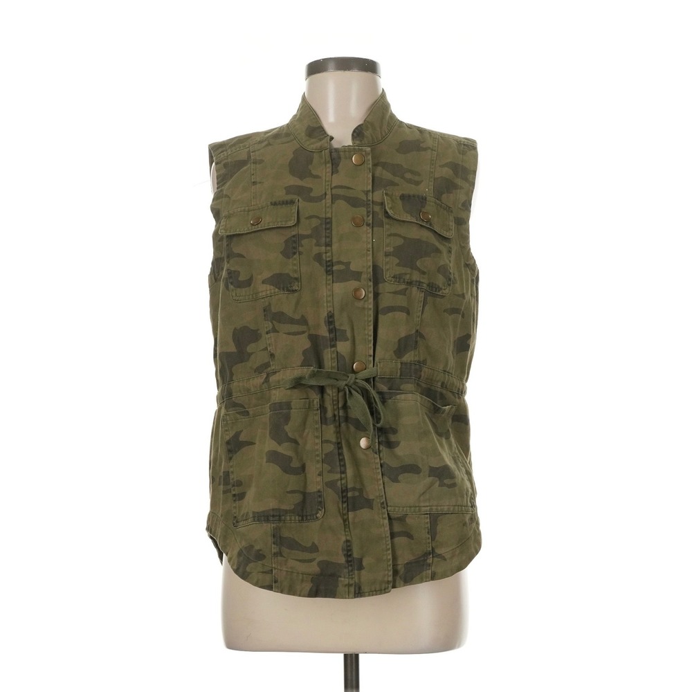 Mud Pie Camo Utility Vest Green Medium Snap Button Drawstring Waist M Y2K 200s